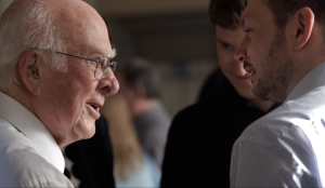Discussions of the HiggsHunters team with Prof Peter Higgs at the schools launch in Edinburgh